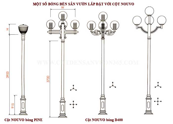 Cột Đèn Sân Vườn Nouvo 7 Bóng đèn sân vườn lắp đặt với cột đèn trang trí NOUVO, Cột Đèn Sân Vườn Nouvo