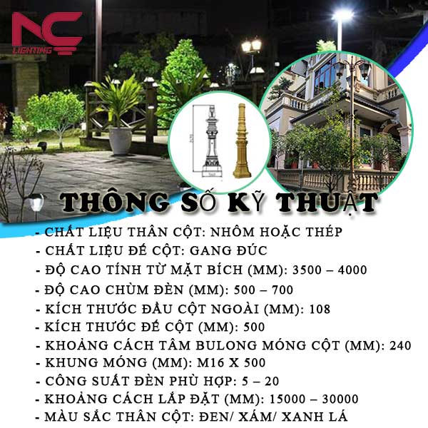 Bền đẹp với 7 cột đèn sân vườn đúc 1 2 3 4 5 bóng giá rẻ 2 Thông số kỹ thuật cột đèn sân vườn, cột đèn sân vườn đúc