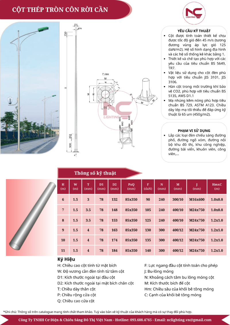 Cột Đèn Tròn Côn Rời Cần Đơn 7 Cột thép tròn côn rời cần